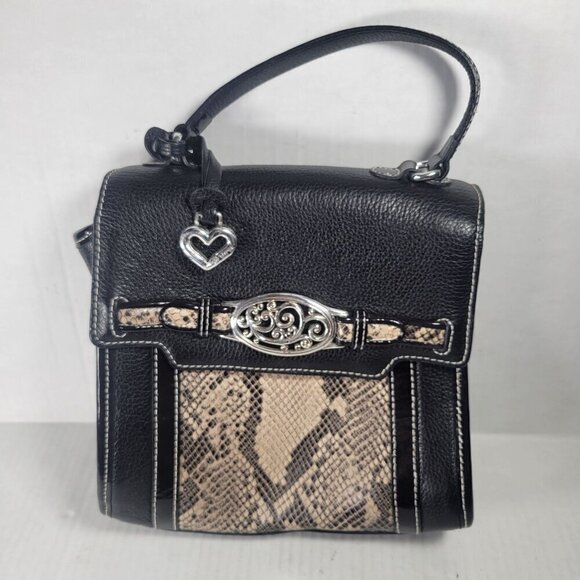 Brighton Handbags - Brighton Black Leather Snake Print Crossbody Handbag With Heart Charm